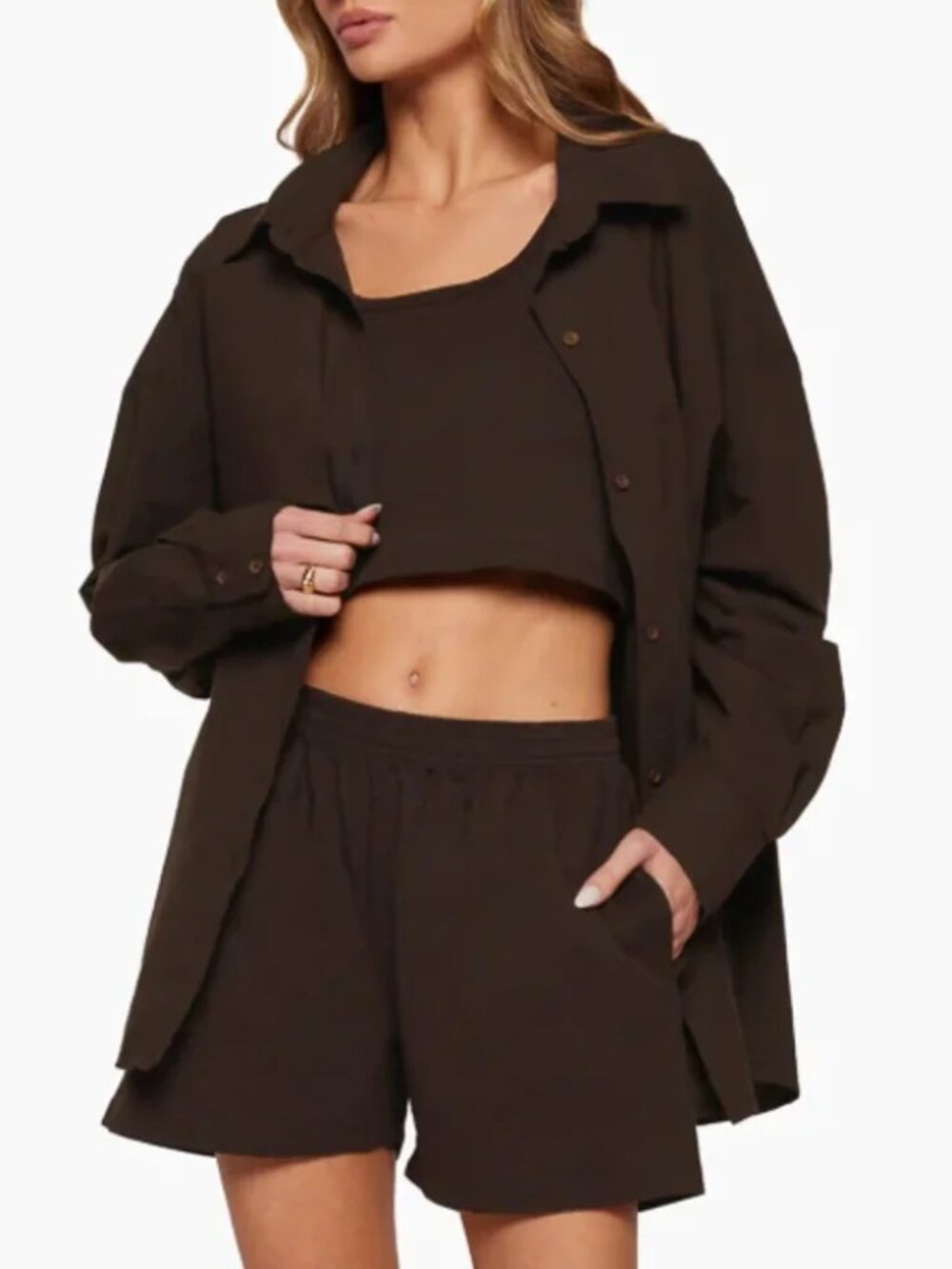 SET Active Daily Button Down Shirt Espresso Brown size M Oversized Minimalist